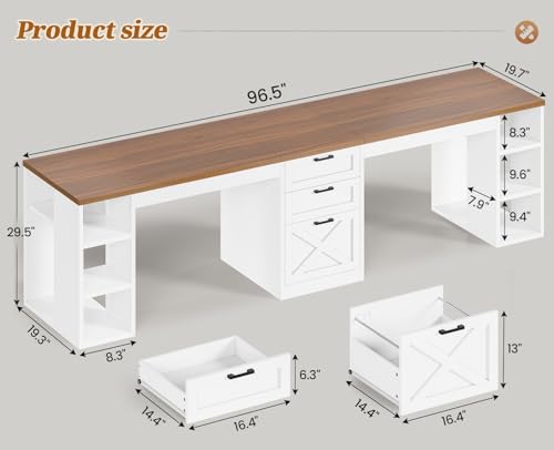 SEDETA Farmhouse 96.5" Computer Desk with Drawers, 2 Person Home Office Desk, Gaming Double Desk with Storage Shelves, Long Two Person Writing Desk (White and Brown) - Image 3