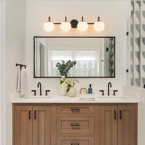 Image of Globe Vanity Light, 31 inch Modern Gold Bathroom Light Fixtures Mid-Century Milk Glass Vanity Light 4-Light Wall Sconce Black