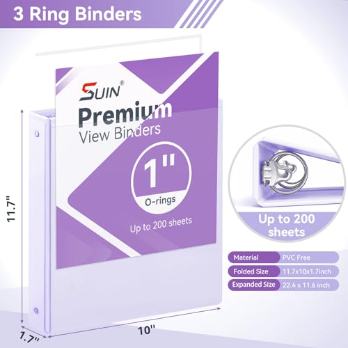 Image of SUIN 1 Inch 3 Ring Binder, Clear 1'' View Presentation Binders with 2 Pockets, Fits 8.5 x 11 Letter Size, Durable Polypropylene, Non-Stick & PVC-Free for School, Office & Home (Pastel Purple)
