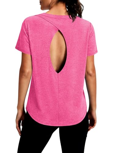 Alaroo Workout Tops for Women Short Sleeve Pilates Shirts Open Back Fitness Clothing Ropa Deportiva para Mujer Gym Clothes Pink L