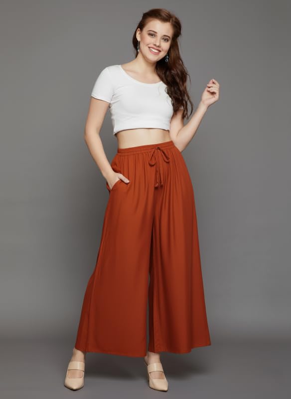 Image of Super Soft Viscose Rayon Flared Palazzo Pants for Women Stylish Wide Leg Straight Relaxed Fit Casual Ethnic Office Wear
