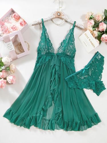 Image of Foxiny Sexy Open Front V Neck Ruffle Sheer Mesh Lace Wireless Babydoll Lingerie Dress with Thong 2 Piece