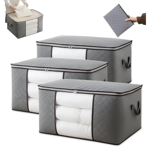 Kit 3 Bolsas Organizadoras 90 L (60×40×35 cm) com Visor Transparente Zíper Reforçado Tecido Respirável e Alças Para Edredom Cobertores e Closet Premium – Buy by Ju