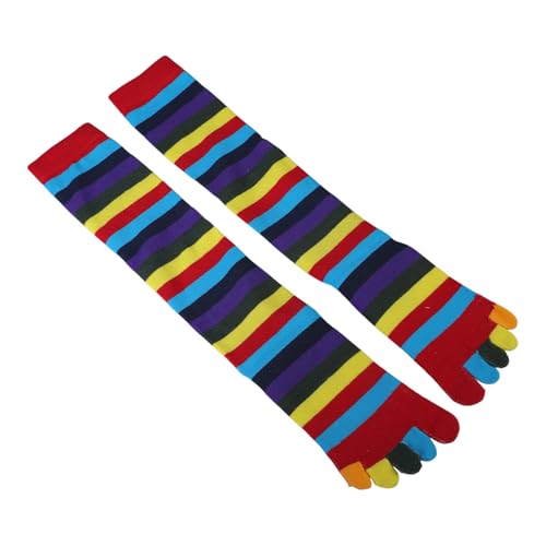 Image of Women Split Toe 5 Finger Calf Socks Rainbow Colorful Stripe Print Hosiery
