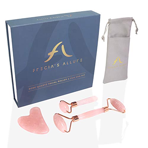 Frecia’s Allure Rose Quartz Face Roller Gua Sha Set – Brazilian Rose Quartz Gua Sha Stone Set with Neck & Face Sculpting Tool & Eye Massager Mini Facial Roller – 4-Tool Lymphatic Drainage Massager Set