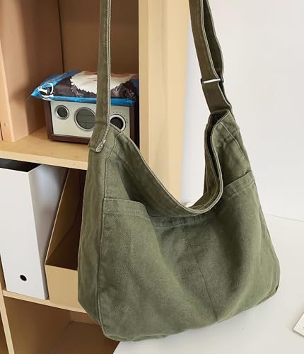 Image of Economical Cotton Canvas Tote Bag,Women Hobo Shoulder Bag Crossbody Handbag with 3 External Pocket,Zipper Closure (K Tote Bag-ArmyGreen)