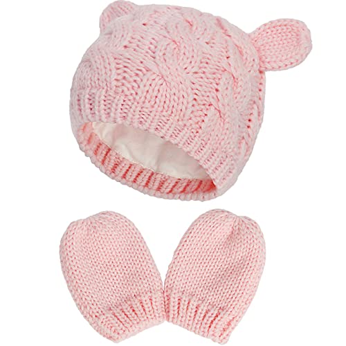 Dinghui Ensemble Bonnet et moufles d'hiver pour Nouveau-né - Bonnet tricoté Chaud pour bébés de 0 à 18 Mois, Rose, 6 Mois Cover