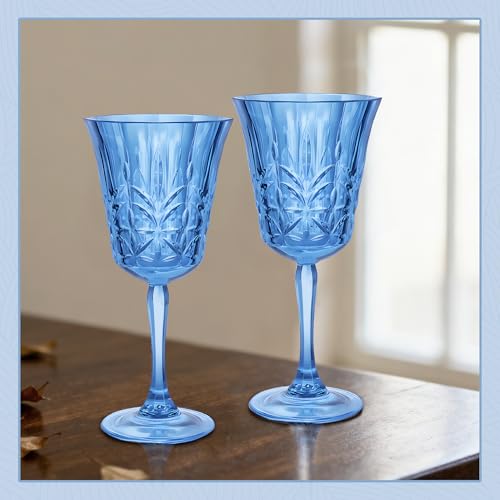 LEYIQU Plastic Wine Glasses 10oz Vintage Goblets Unbreakable Reusable BPA-Free Stemmed Drinking Glasses for Easter Parties, Weddings & Events Leaf-Patterned (Set of 12, Blue)
