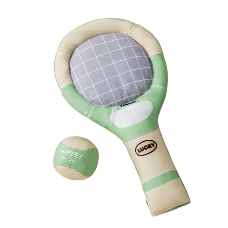 DAFORERAL Squeaky Tennis Racket Dog Toy, Crinkle Plush Interactive Toy with BB Squeaker for Small Dogs Indoor Self-Play Chew Training (Green)
