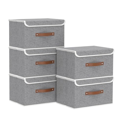 Yawinhe Collapsible Storage Boxes, Foldable Bin with Lids, Cube Clothes Organizer Basket with Handles, Grey, 13.0''Lx9.0''Wx7.9''H, 5-Pack, SNK024GS-5