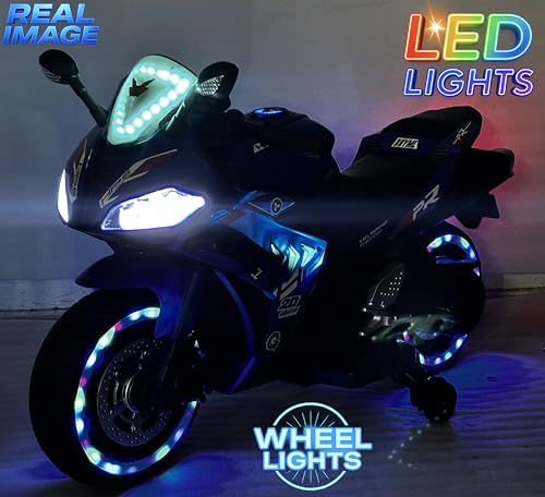 Image of Wishmaster Kids Battery Operated Ride-On Super Bike | Electric Rechargeable Bike for Boys & Girls 2-8 Years | Lights, Music, Training Wheels, | 100% Ready to Use Assembled (Thunderbolt Blue)