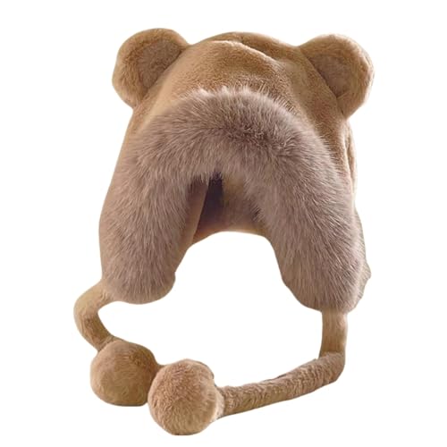 Winter Hat Women Thick Plush with Bear Earflaps Bearnie Faux Fur Warm Cute with 2 Pompoms (Khaki)