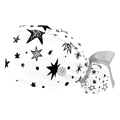 2 Pcs Working Cap with Buttons Sweatband Black White Stars Pattern Hand Drawn Ribbon Tie Back Bouffant Hats