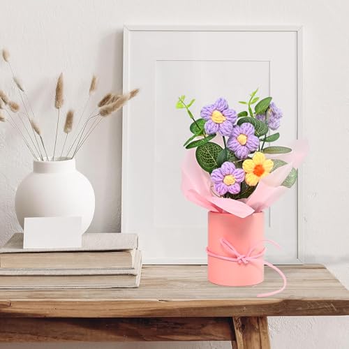 Image of Cortina Handmade Crochet Artificial Flowers with Light | Aesthetic Room Decor, Living & Bedroom Decor | Artificial Flower Wall Decor | Great for Gifting - Pink and Purple - 8.12x6.35x19.8 CM