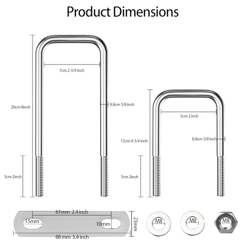 Image of 4Packs Square U-Bolt, 304 Stainless Steel Square Bend U Bolts with Nuts and Frame Plate for for Boat Trailer Tube, Rectangular Wood and Metal Objects M10*50 * 120mm