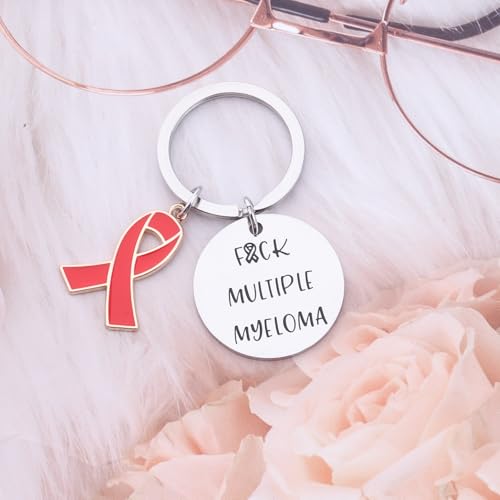 Image of CENWA Multiple Myeloma Awareness Red Ribbon Gift Fuck Multiple Myeloma Keychain Cancer Warrior Support Gift