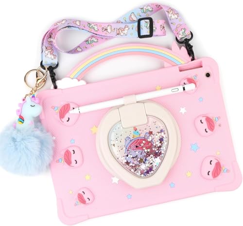 [Super Cute Rainbow Unicorn Case] Kids Case for iPad 10.2 Inch 2021/2020 9th/8th Generation & 2019 iPad 7th Generation Case Cover for Kids Girls with Hand Strap and 360 Rotating Stand - Pink