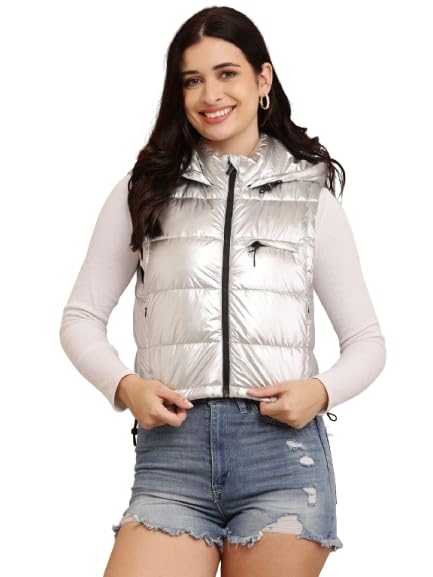 Women's Polyester Regular Fit Zip-Front Hooded Puffer Silver Jacket