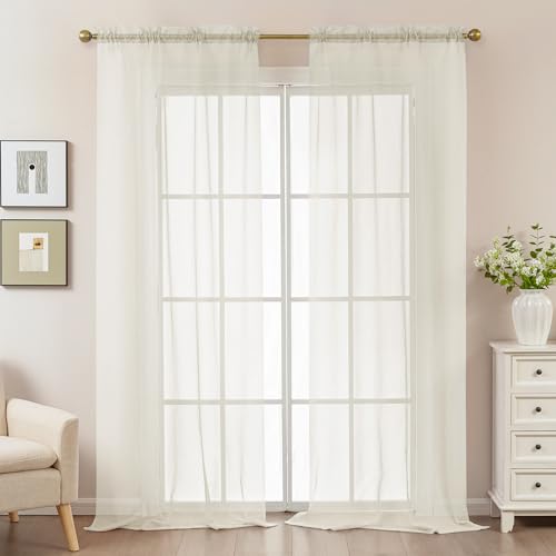 Image of Ivory Sheer Curtains 96 Inches Long, Privacy Semi Sheer Curtains for Living Room Bedroom, Light Filtering Rod Pocket Voile Window Drapes 2 Panels Set, Each 42 inch W x 96 inch L