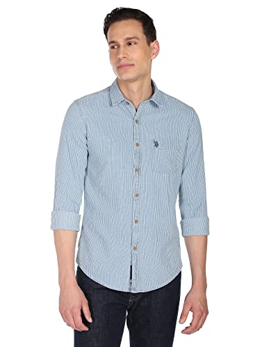 Image of U.S. POLO ASSN. Men's Cotton Regular Fit Spread Collar Vertical Striped Casual Shirt