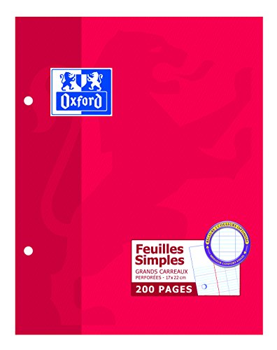 OXFORD Pack de 100 Feuilles Simples Perforées Grands Carreaux Seyès 90 g 17x22 cm Blanc