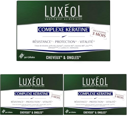 Luxéol - Complexe Kératine - Complément alimentaire - Résistance et Protection(1)- Cheveux et ongles(2) - 90 gélules - 41g (Lot de 3)
