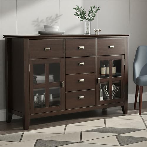 SIMPLIHOME Artisan Buffet - 54 inch Wide Solid Wood 3-Door Sideboard Buffet in Dark Chestnut Brown, Transitional Storage Cabinet for Dining Room or Kitchen with Adjustable Shelves and Bronze Hardware - Image 3