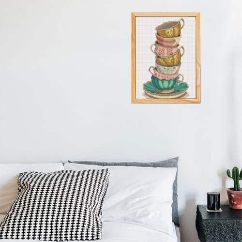 Image of FREEBLOSS Cross Stitch Kits for Beginners Tea Cups Stamped Cross Stitch Patterns Landscapes Cross Stitch Wall Hanging Kit DIY Embroidery Needlepoint Kit Embroidery Kit for Adults 35x50cm