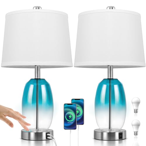 CNXIN Table Lamps Set of 2 Touch Control 22.4", Modern Coastal Teal Blue Glass Bedside Lamps with White Shade, 3-Way Dimmable Touch Lamp Dual USB Ports Outlet for Bedroom Living Room (Bulbs Included)