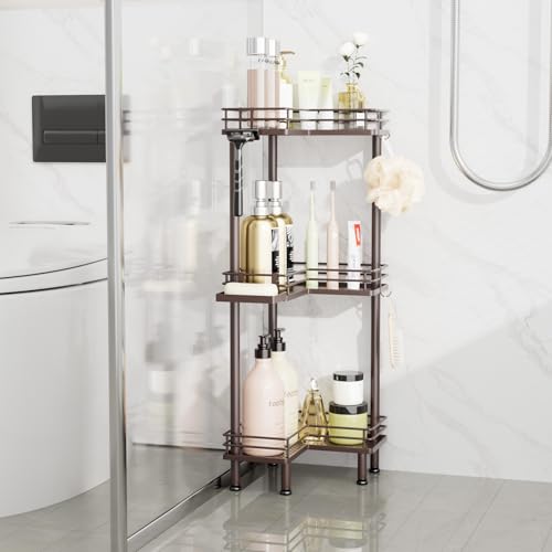 Image of Consumest Corner Shower Caddy Standing - 3-Tier Stainless Steel Shower Organizer with Soap Holder and 4 Hooks, Large Capacity Corner Shelf Stand for Bathroom, Rest Room, Bronze