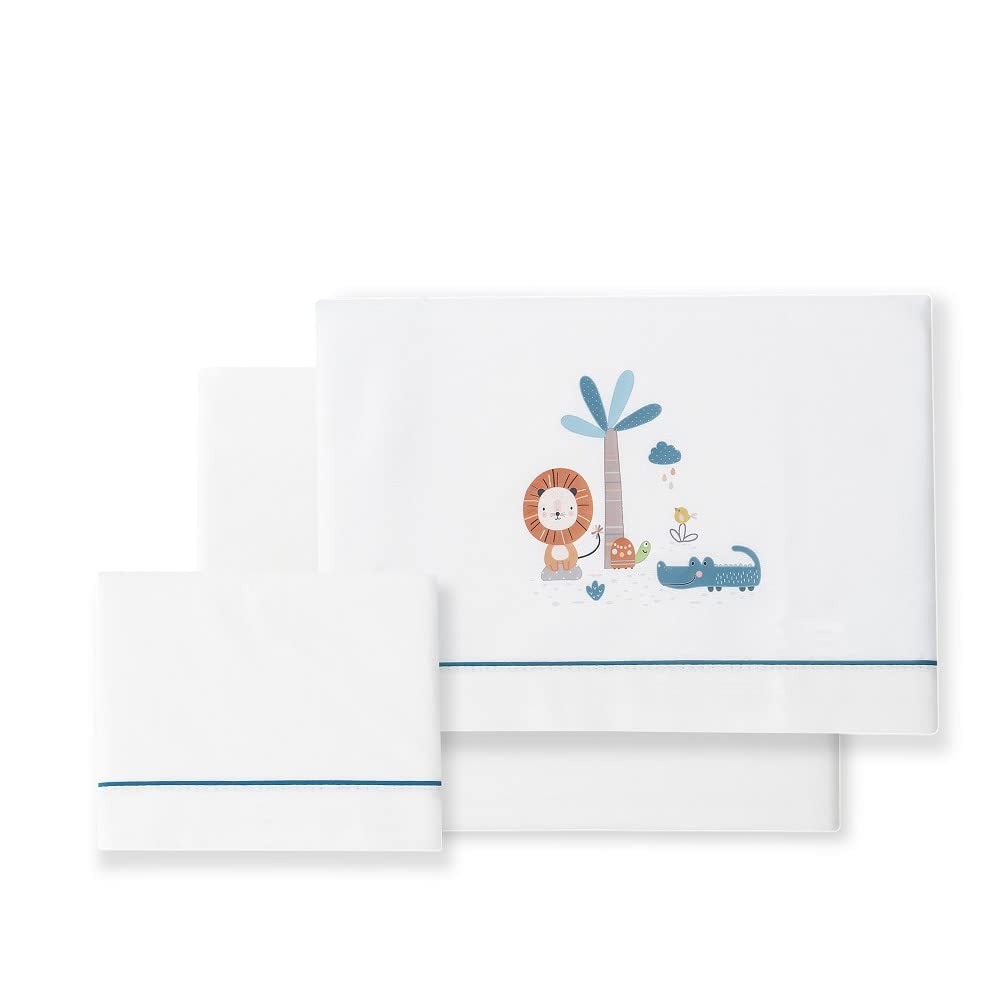 Set 3 pezzi - Lenzuolo lettini con portaciuccio in mussola Leone palma bianco Petrolio