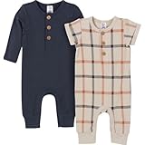 Gerber Baby Boys and Baby Girls' 2-Pack Long Leg Romper, Blue Plaid, 3-6 Months