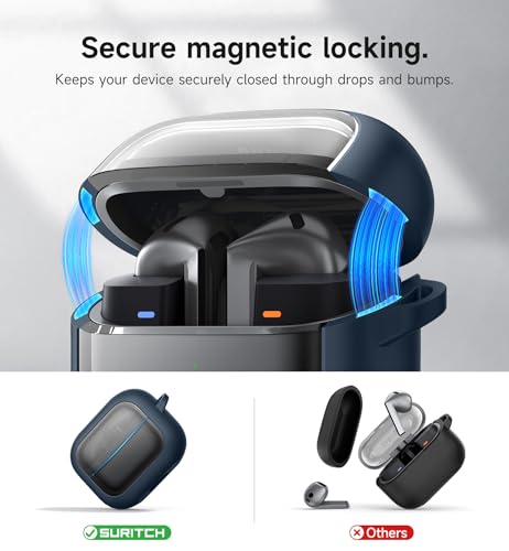 Image of SURITCH for Samsung Galaxy Buds 3 Pro (2024) / Buds 3 (2024) / Buds3 FE (2025) Case, Magnetic Bumper Cases, Rugged Shockproof Protective Covers with Carabiner & Cleaning Kit & Removal Tool, Navy