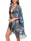 Kimono de Gasa Impreso Floral con Borla Mantón Cardigan Manga Murcielago Mujer Tallas Grandes Pareo Gasa Traje de Baño Top Beachwear Bikini Cover Up