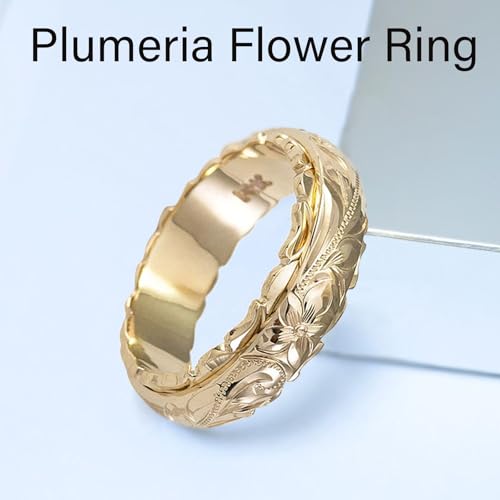 Dainty Engraved Plumeria Flower Ring, 14K Gold Plated Hawaiian Princess Plumeria Flower Scroll Promise Ring Stackable Wedding Engagement Band Jewelry for Women or Men4