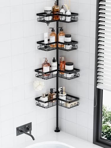 Ruhetfam Etagere Douche Sans Percage, Rangement Salle de Bain, Rangement Salle de Bain Acier Inoxydable, Etagere Telescopique Douche Hauteur 80 à 293 CM
