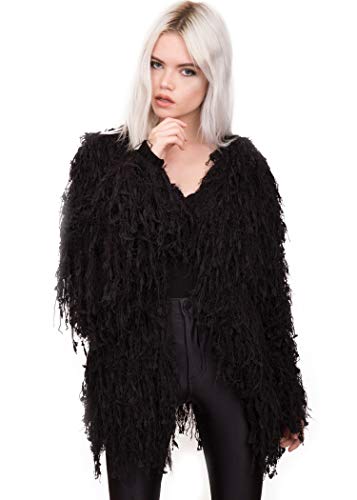 Womens Black Fringe Shaggy Faux Fur Open Jacket Cardigan  Size Small