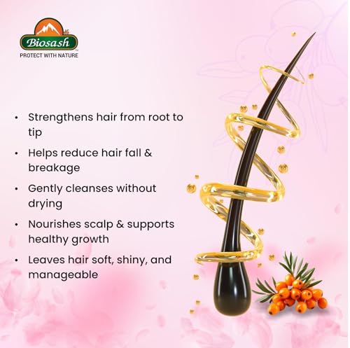 Image of Biosash Sea Buckthorn Shampoo 200ml | Sulphate, Paraben, SLES-Free, Hair Fall Control & Anti-Dandruff, Omega 3 6 7 9, Scalp Protection & Healthy Hair