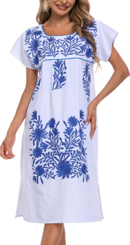 Image of YZXDORWJ Women Mexican Embroidered Long Dress Ruffle Collar Maxi Boho Floral Summer Short Sleeve