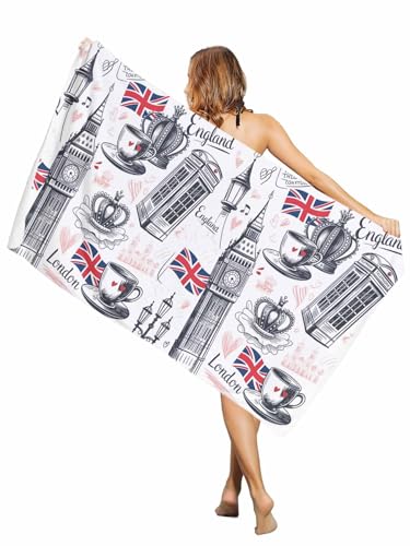 ZFUNCING UK Flags London Crown Beach Towel Oversized Pool Towels 35x71in,Quick Dry Absorbent Large Beach Blanket Soft Sand Free Bath Towel for Travel Swimming,Abstract Coffee Red Love