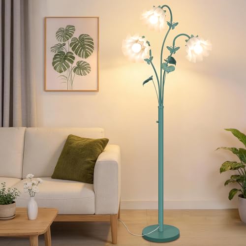 Image of TOBUSA Vintage Flower Floor Lamp for Living Room, 75'' Tall Flower Standing Lamp with Gooseneck, 3-Head Green Floral Lamp with 3 LED Bulbs, Unique Aesthetic Corner Lamp for Bedroom Office Home Decor
