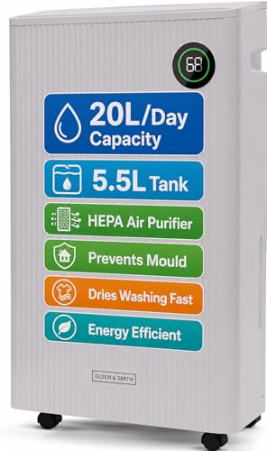 Olsen & Smith 20L/Day Quiet Dehumidifier and HEPA Air Purifier for Home