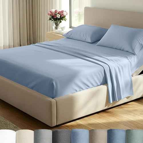 Image of California Design Den Split King Sheet Set - 100% Cotton, 600 Thread Count, Breathable Luxury King Size Sheets for Adjustable Bed, Luxury Hotel-Quality Sheets with Soft Sateen Weave - Blue