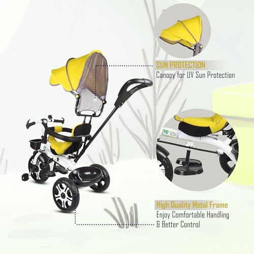Image of BABY SMILE 4-in-1 Kids Tricycle with Adjustable Canopy, Parent Push Handle, Red and White (Yellow)