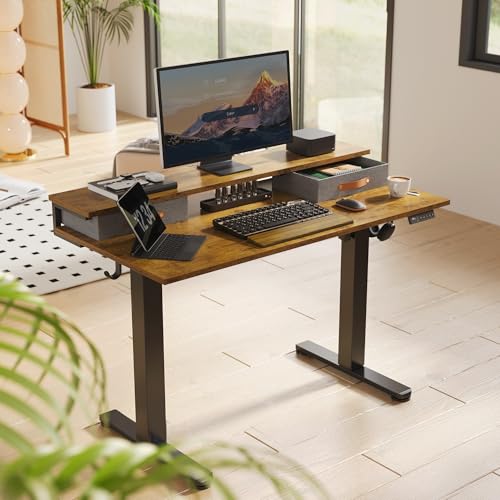 Image of Claiks Electric Standing Desk with 2 Drawers, 48 Inch, Rustic Brown