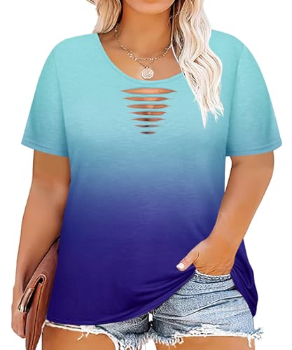 Image of CARCOS Plus Size Tops for Women Short Sleeve Shirts Basic Tee Solid Color Blouse V Neck Tunic Loose Fit Tshirts Summer XL-5XL