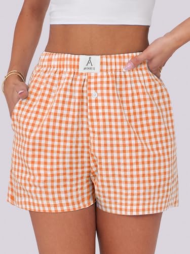Image of ANRABESS Boxer Shorts for Women Gingham Pajama 2026 Summer Casual Lounge Sleep Plaid Shorts Y2K Beach Bottoms
