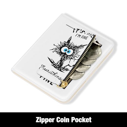 Rouidr Womens Wallet, RFID Small Slim Wallet for Women, Cute Bifold Leather Pocket Credit Card Holder Ladies Mini Purse with Zipper Coin Pocket & ID Window, White Cat4