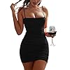 YMDUCH Women's Sexy Bodycon Party Dresses Spaghetti Strap Ruched Mini Club Dress Black