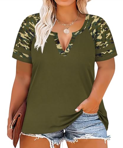 Image of CARCOS Plus Size Tops for Women Short Sleeve Summer Pullover Color Block Crewneck /V Neck Tee Tunic Loose Fit Tshirts XL-5XL